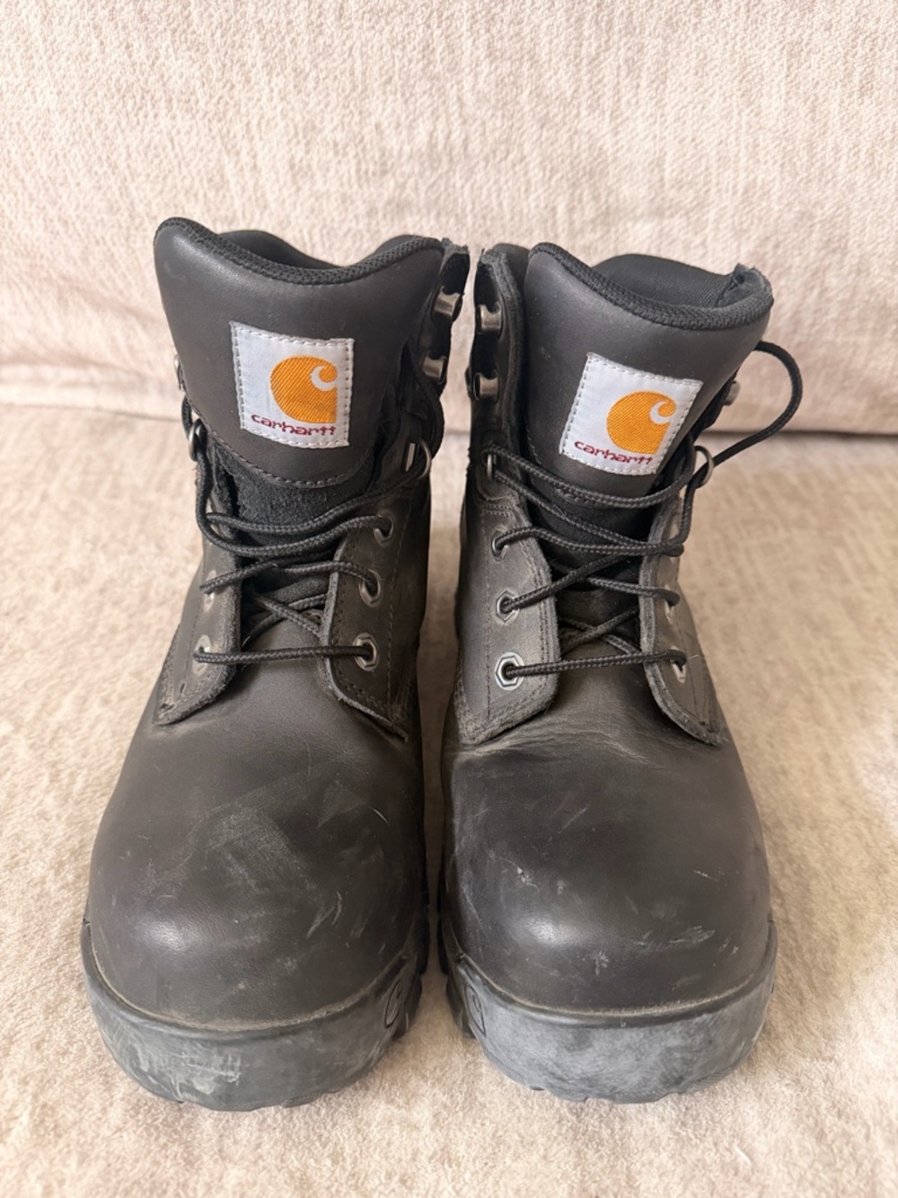 Carhartt Black Work Boots with Orange Logo Patch